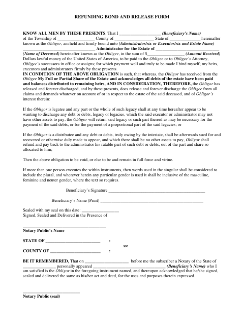Refunding Bond and Release Form, Burlington County form, first page