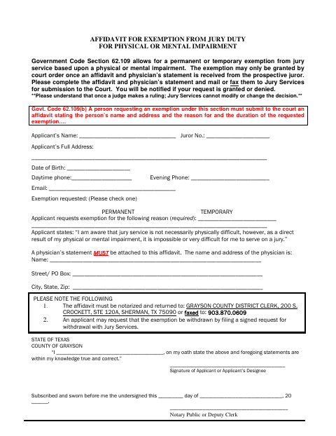 Affidavit for Exemption from Jury Duty for Physical or Mental Impairment, Grayson County form, first page