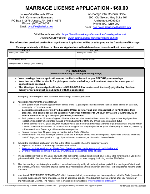 VS 351(a) Marriage License Application first page