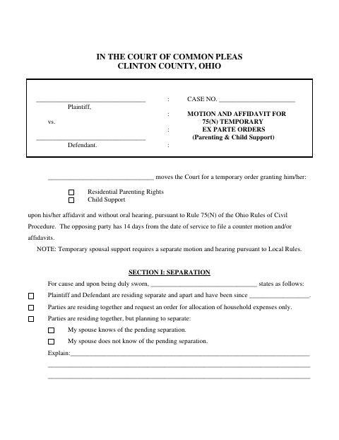 Motion and Affidavit for Temporary Ex Parte Orders, Clinton County form, first page