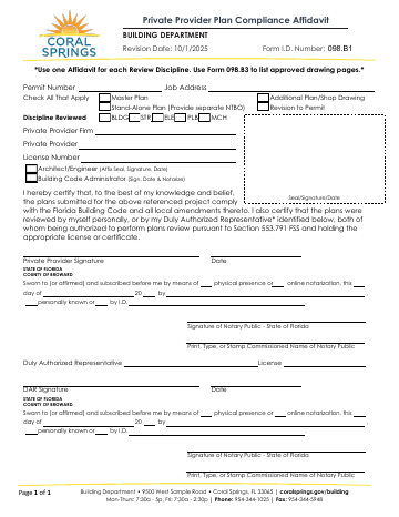 First page of the Private Provider Plan Compliance Affidavit