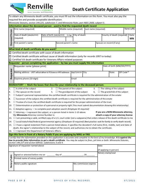 Death Certificate Application, Renville County form, first page