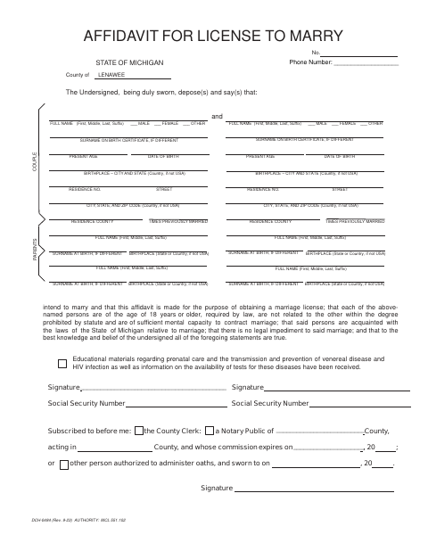 Affidavit For License To Marry, Lenawee County form, first page