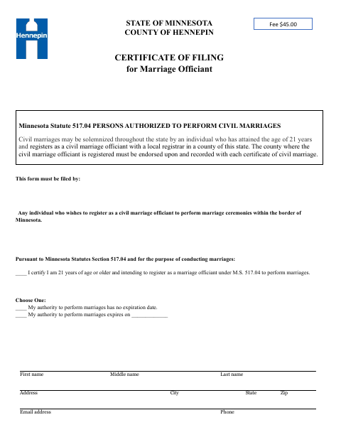 Certificate of Filing for Marriage Officiant, Hennepin County form, first page