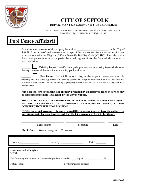 Pool Fence Affidavit, City of Suffolk form, first page