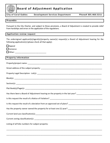 First page of the Board of Adjustment Application