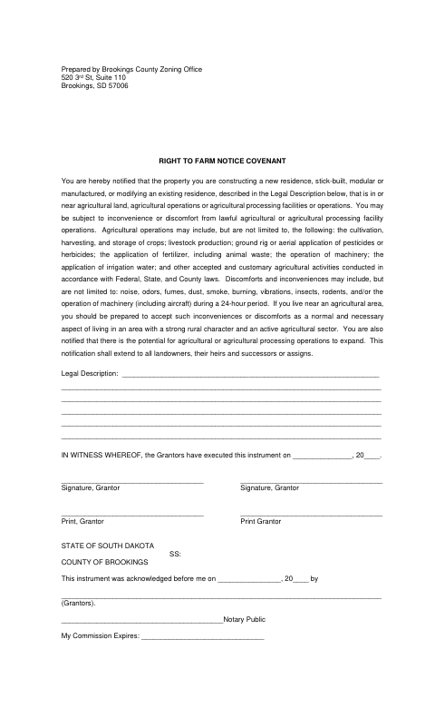 Right To Farm Notice Covenant, Brookings County form, first page
