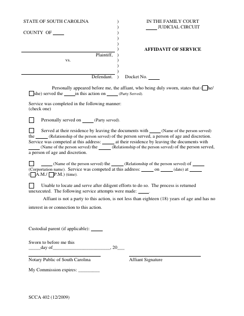 Affidavit of Service, Charleston County form, first page