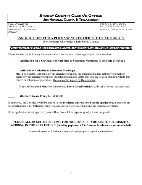 Application for a Permanent Certificate of Authority to Solemnize Marriages, Storey County form, first page