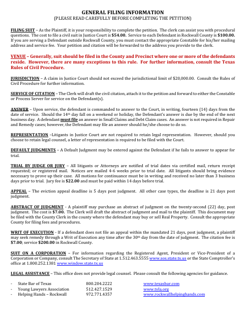 Small Claims Suits, Rockwall County form, first page