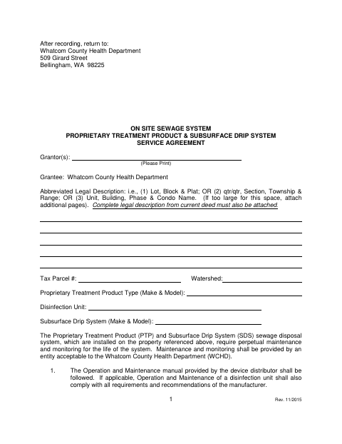 Proprietary Treatment Product and Subsurface Drip System Service Agreement, Whatcom County form, first page