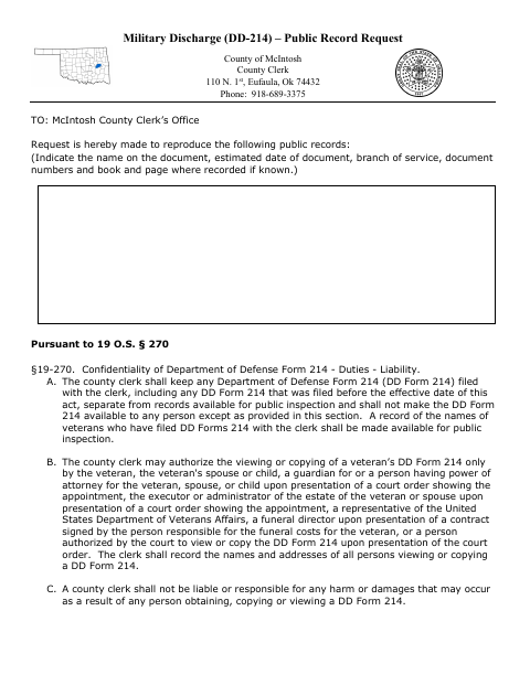 Military Discharge Public Record Request, McIntosh County form, first page