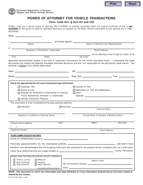 Power of Attorney for Vehicle Transactions, Hancock County form, first page