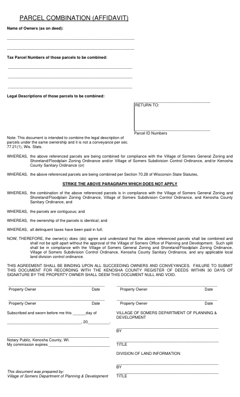 Parcel Combination Affidavit, Kenosha County form, first page