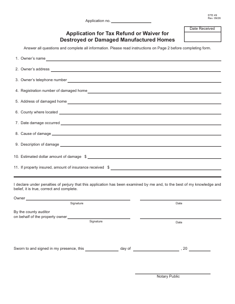 Application for Tax Refund or Waiver for Destroyed or Damaged Manufactured Homes, Fulton County form, first page