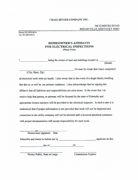 First page of the Homeowner’s Affidavit for Electrical Inspections