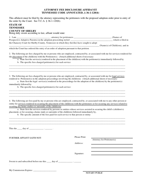 Attorney Fee Disclosure Affidavit, Shelby County form, first page