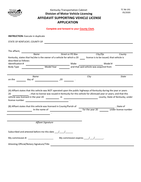 TC 96-191 Affidavit Supporting Vehicle License Application first page