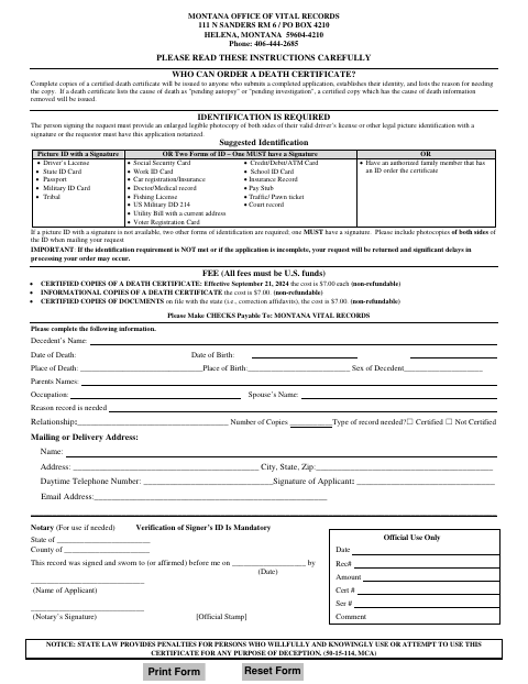 Death Certificate Application, Meagher County form, first page
