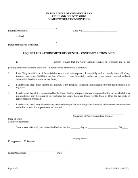 Request for Appointment of Counsel - Contempt Action Only, Richland County form, first page