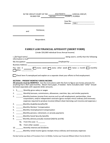 FAMILY LAW FINANCIAL AFFIDAVIT (SHORT FORM) — Brevard County form, first page
