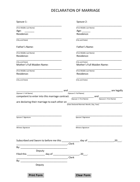 Declaration of Marriage, Yellowstone County form, first page
