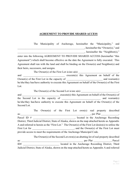 Agreement To Provide Shared Access, Anchorage Municipality form, first page