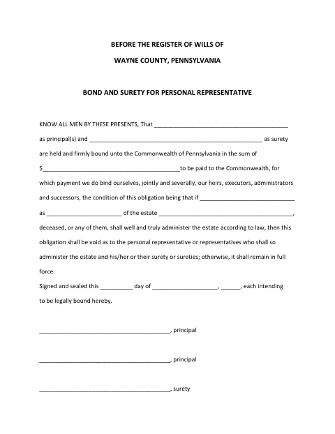 Bond and Surety for Personal Representative, Wayne County form, first page