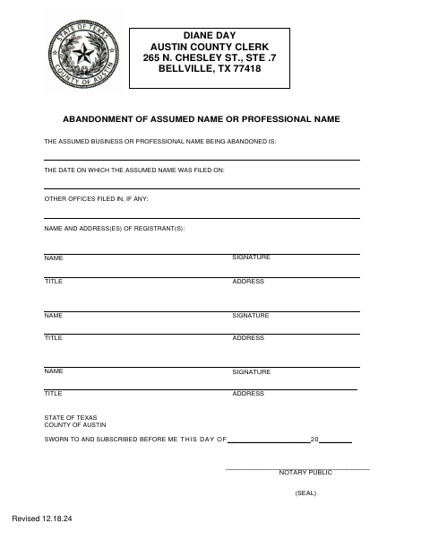 Abandonment of Assumed Name or Professional Name, Austin County form, first page