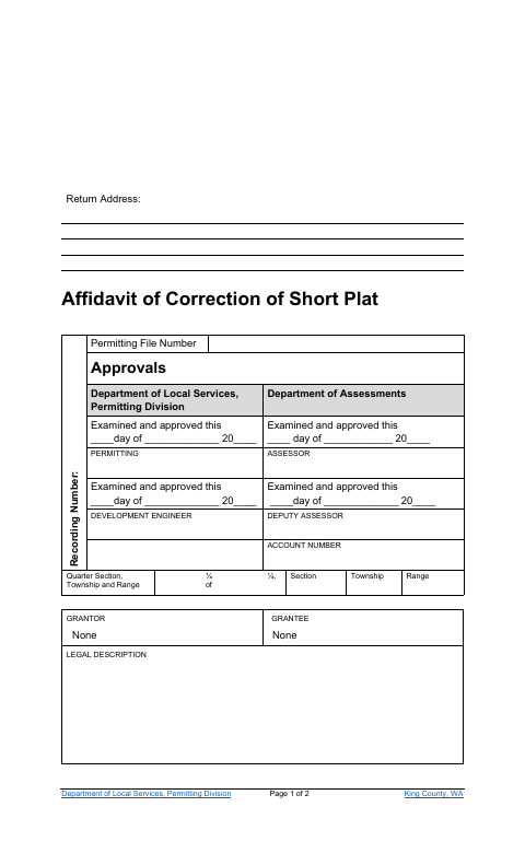 Affidavit of Correction of Short Plat, King County form, first page