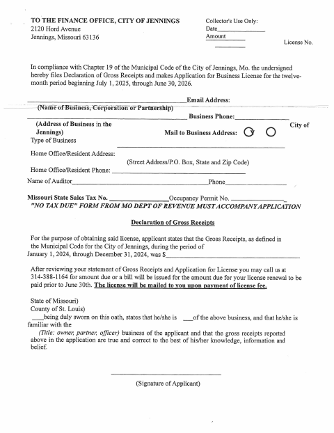 First page of the Merchant License and Gross Receipts Declaration