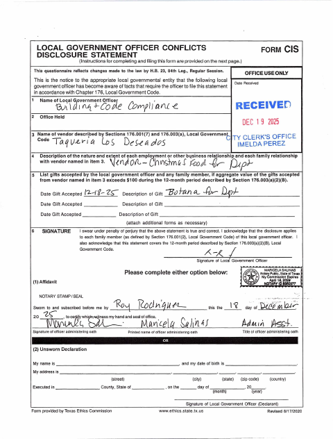 First page of the Local Government Officer Conflicts Disclosure Statement