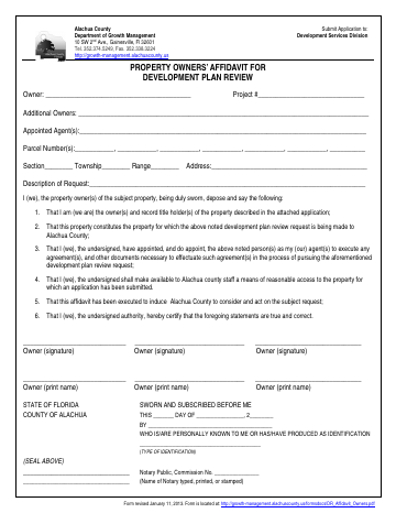 First page of the Property Owners' Affidavit for Development Plan Review
