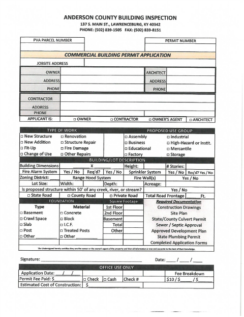 First page of the Commercial Building Permit Application