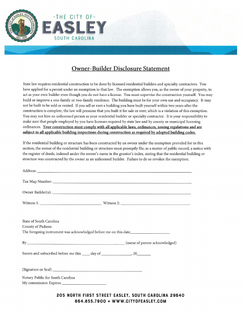 First page of the Owner-Builder Disclosure Statement