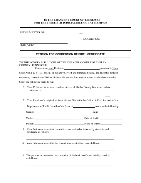 Petition for Correction of Birth Certificate, Shelby County form, first page