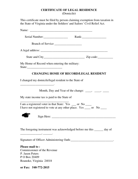 Certificate of Legal Residence, City of Roanoke form, first page