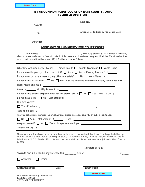 Affidavit of Indigency for Court Costs, Erie County form, first page