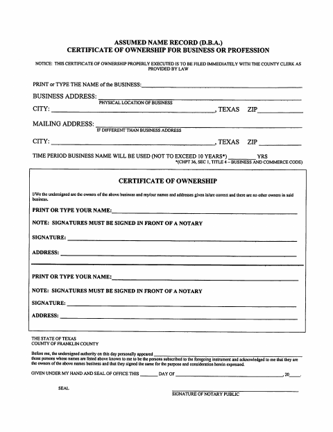 Assumed Name Certificate of Ownership for Business or Profession, Franklin County form, first page