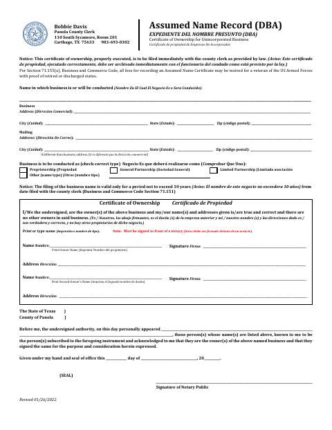 Unincorporated Assumed Name Certificate, Panola County form, first page