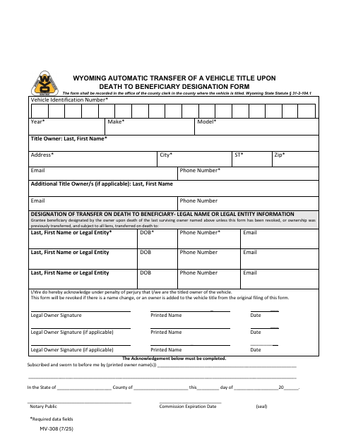 Automatic Transfer of Vehicle Title Upon Death Beneficiary Designation, Goshen County form, first page