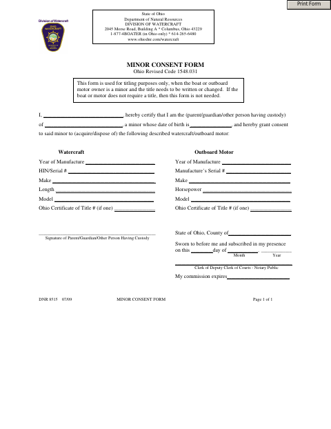 Minor Consent Form for Watercraft, Lucas County form, first page
