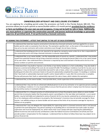 First page of the Owner/Builder Affidavit and Disclosure Statement (FS 489.103)