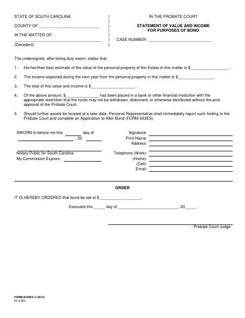 Statement of Value and Income for Purposes of Bond, Orangeburg County form, first page