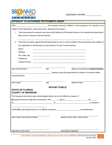 Notary Affidavit To Authorize Petitioner's Agent — Broward County form, first page
