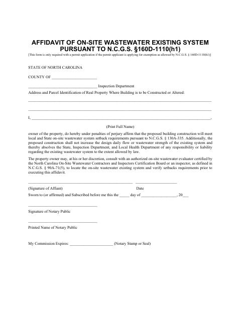 Affidavit of On-Site Wastewater Existing System, Anson County form, first page