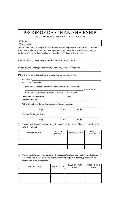 Proof of Death and Heirship, Grady County form, first page
