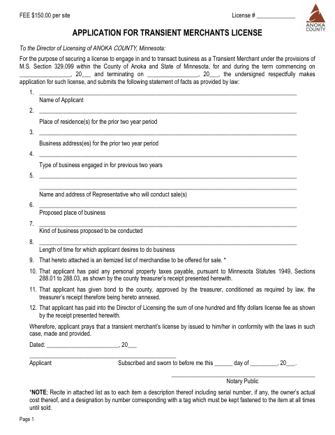 Application for Transient Merchants License, Anoka County form, first page