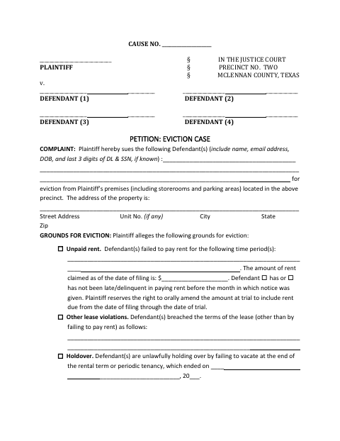 Eviction Case Petition, McLennan County form, first page