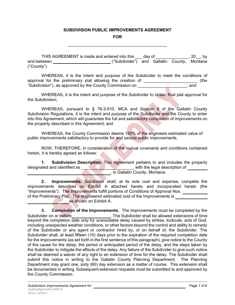 Subdivision Public Improvements Agreement, Gallatin County form, first page